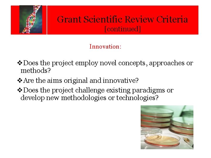 Grant Scientific Review Criteria Calendar of Key Dates [continued] Innovation: v. Does the project