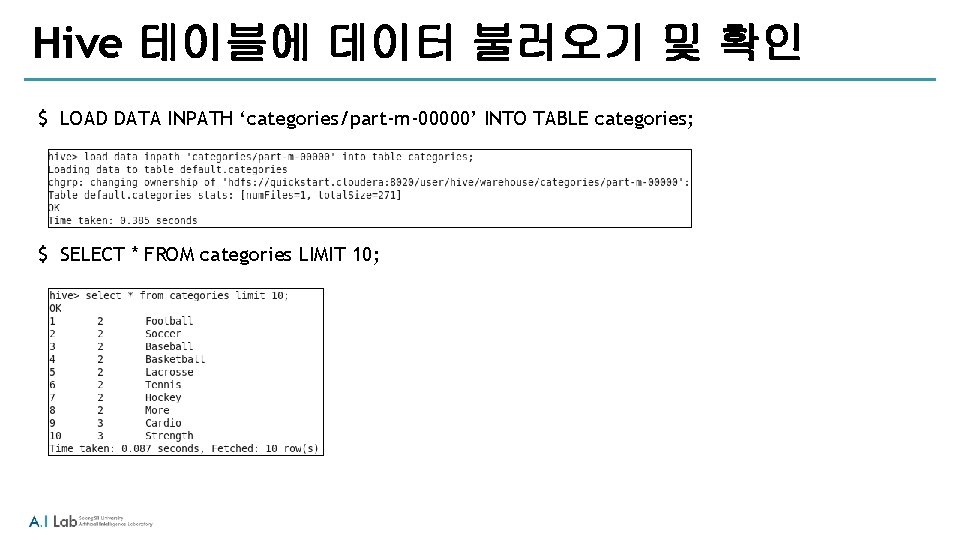 Hive 테이블에 데이터 불러오기 및 확인 $ LOAD DATA INPATH ‘categories/part-m-00000’ INTO TABLE categories; Hive 테이블에 데이터 불러오기 및 확인 $ LOAD DATA INPATH ‘categories/part-m-00000’ INTO TABLE categories;