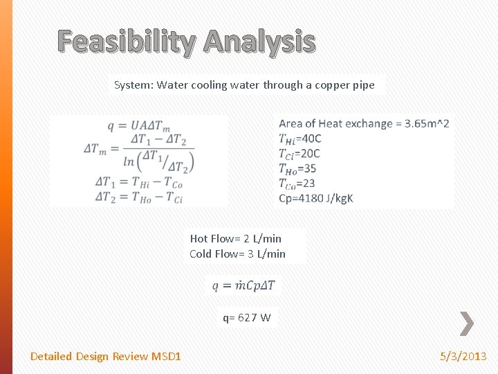 Feasibility Analysis System: Water cooling water through a copper pipe Hot Flow= 2 L/min