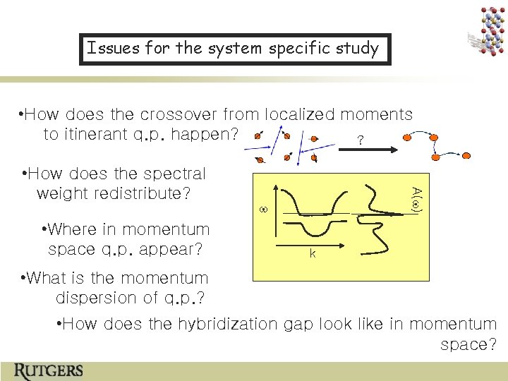 Issues for the system specific study • How does the crossover from localized moments