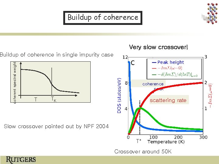 Buildup of coherence Very slow crossover! coherent spectral weight Buildup of coherence in single