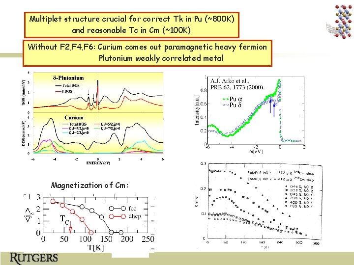 Multiplet structure crucial for correct Tk in Pu (~800 K) and reasonable Tc in