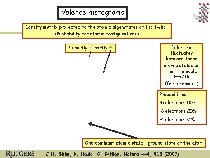 Valence histograms Density matrix projected to the atomic eigenstates of the f-shell (Probability for