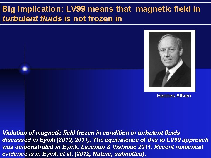 Big Implication: LV 99 means that magnetic field in turbulent fluids is not frozen