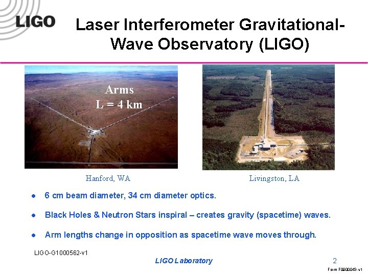 Laser Interferometer Gravitational. Wave Observatory (LIGO) Arms L = 4 km Hanford, WA Livingston,