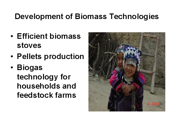 Development of Biomass Technologies • Efficient biomass stoves • Pellets production • Biogas technology