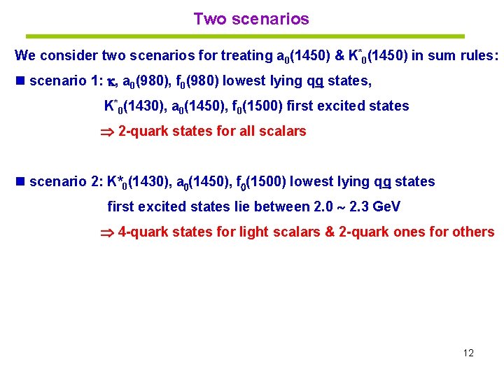 Two scenarios We consider two scenarios for treating a 0(1450) & K*0(1450) in sum