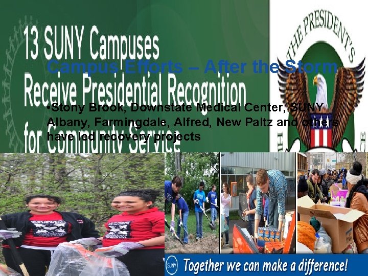 Campus Efforts – After the Storm • Stony Brook, Downstate Medical Center, SUNY Albany,