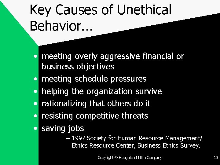 Key Causes of Unethical Behavior. . . • meeting overly aggressive financial or business