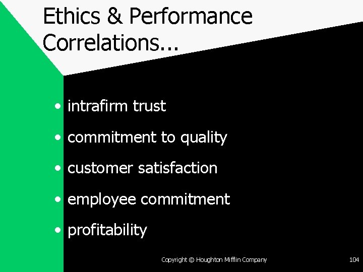 Ethics & Performance Correlations. . . • intrafirm trust • commitment to quality •