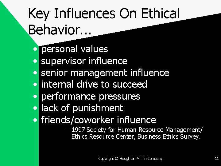 Key Influences On Ethical Behavior. . . • • personal values supervisor influence senior