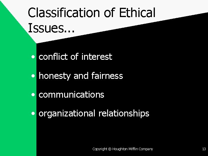 Classification of Ethical Issues. . . • conflict of interest • honesty and fairness