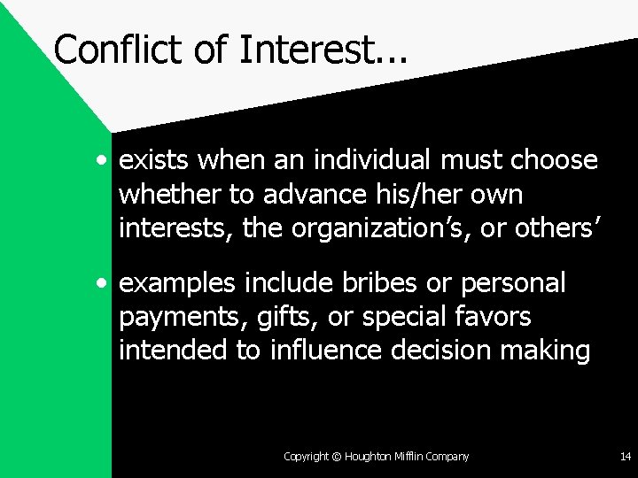 Conflict of Interest. . . • exists when an individual must choose whether to