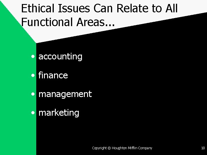 Ethical Issues Can Relate to All Functional Areas. . . • accounting • finance