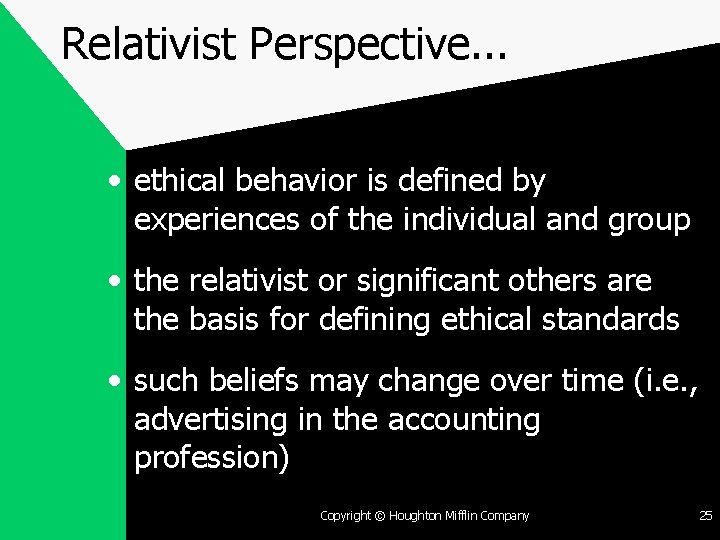 Relativist Perspective. . . • ethical behavior is defined by experiences of the individual