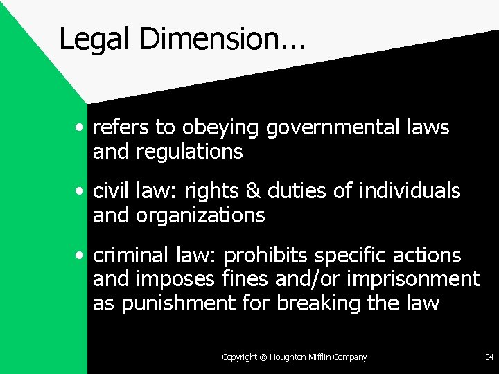 Legal Dimension. . . • refers to obeying governmental laws and regulations • civil