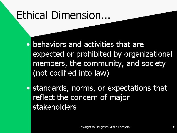 Ethical Dimension. . . • behaviors and activities that are expected or prohibited by