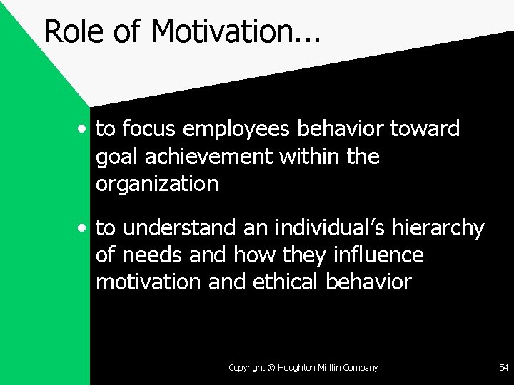 Role of Motivation. . . • to focus employees behavior toward goal achievement within