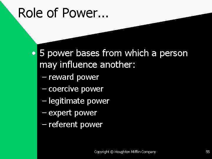 Role of Power. . . • 5 power bases from which a person may