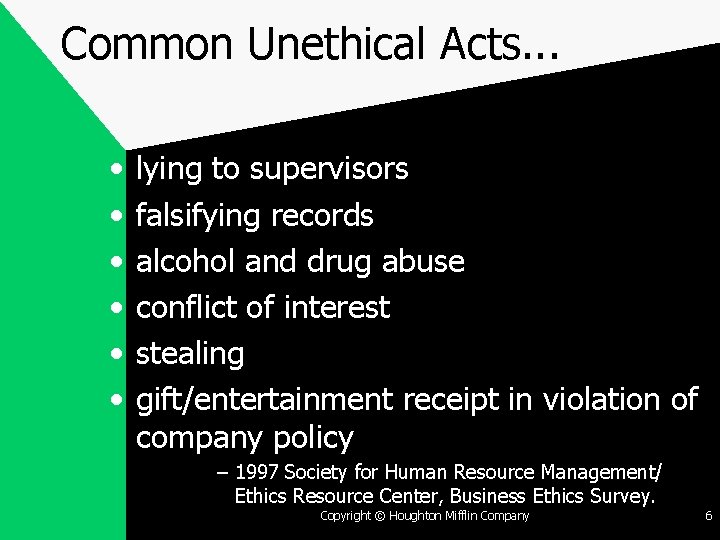 Common Unethical Acts. . . • • • lying to supervisors falsifying records alcohol