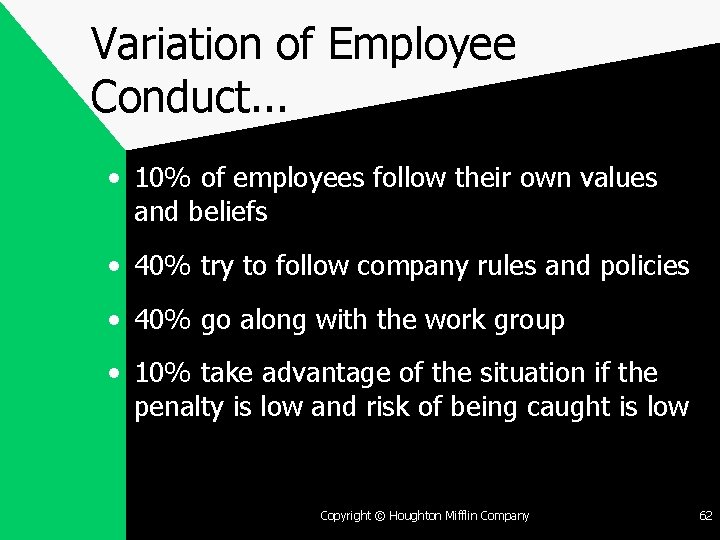 Variation of Employee Conduct. . . • 10% of employees follow their own values