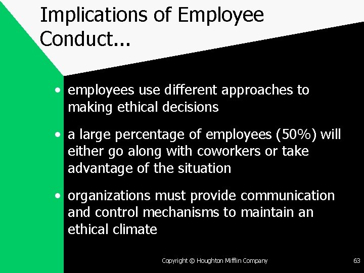 Implications of Employee Conduct. . . • employees use different approaches to making ethical