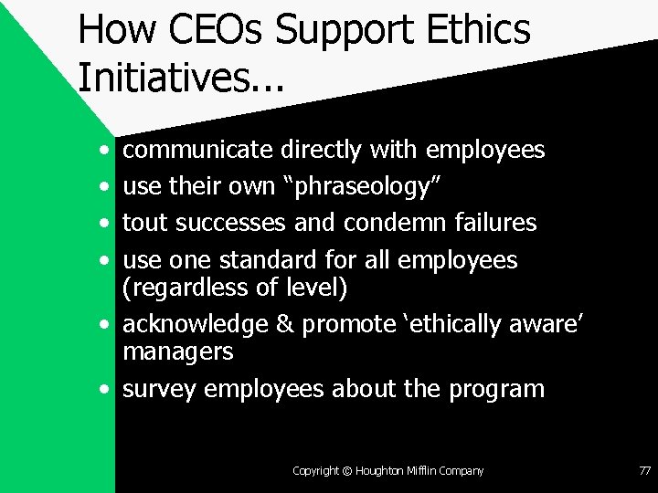 How CEOs Support Ethics Initiatives. . . • • communicate directly with employees use