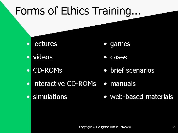 Forms of Ethics Training. . . • lectures • games • videos • cases