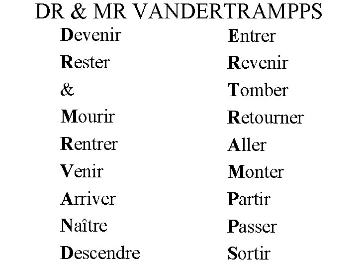 DR & MR VANDERTRAMPPS Devenir Rester & Mourir Rentrer Venir Arriver Naître Descendre Entrer