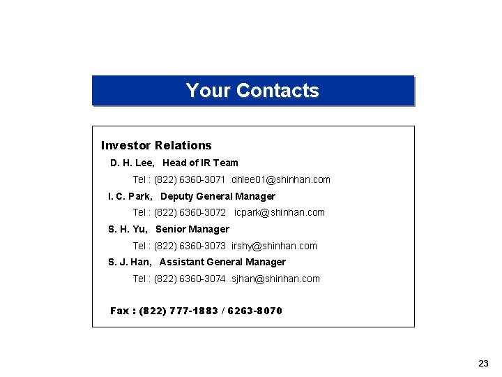 Your Contacts Investor Relations D. H. Lee, Head of IR Team Tel : (822)