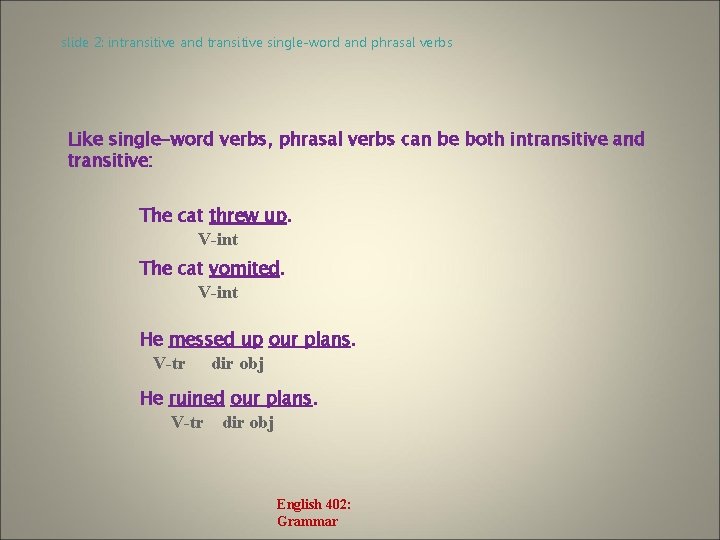 slide 2: intransitive and transitive single-word and phrasal verbs Like single-word verbs, phrasal verbs