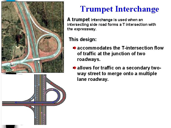 Trumpet Interchange A trumpet interchange is used when an intersecting side road forms a