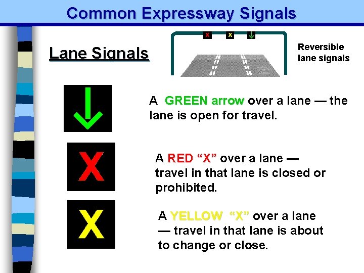 Common Expressway Signals Lane Signals Reversible lane signals A GREEN arrow over a lane