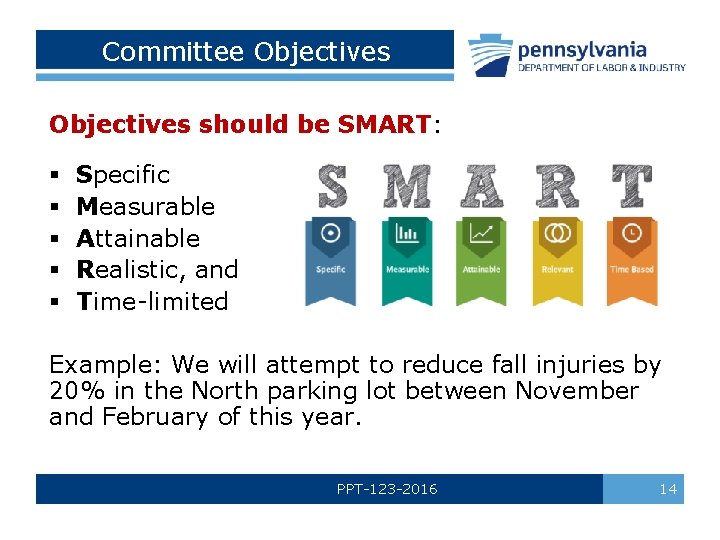 Committee Objectives should be SMART: § § § Specific Measurable Attainable Realistic, and Time-limited
