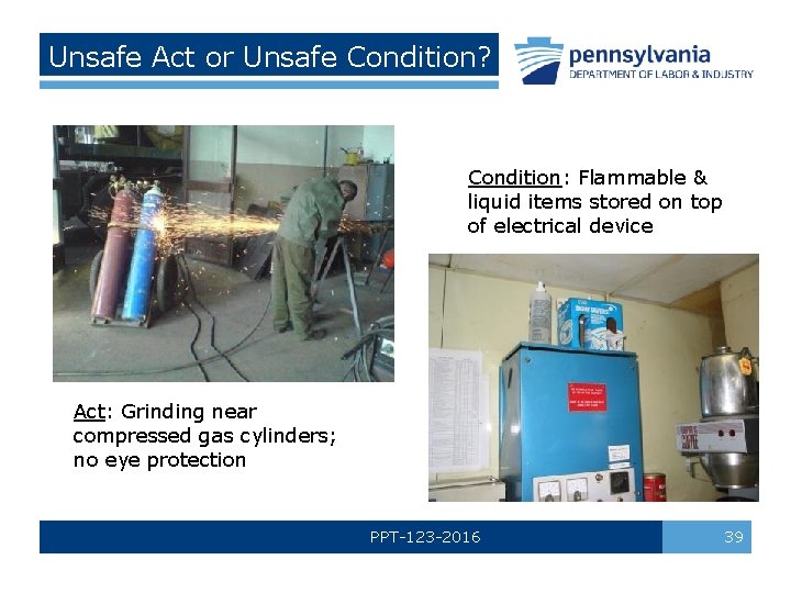 Unsafe Act or Unsafe Condition? Condition: Flammable & liquid items stored on top of