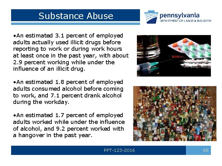 Substance Abuse • An estimated 3. 1 percent of employed adults actually used illicit