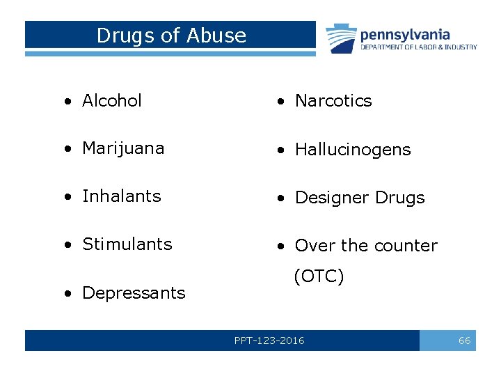 Drugs of Abuse • Alcohol • Narcotics • Marijuana • Hallucinogens • Inhalants •