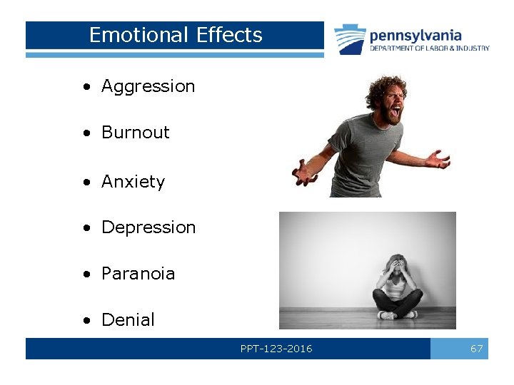 Emotional Effects • Aggression • Burnout • Anxiety • Depression • Paranoia • Denial