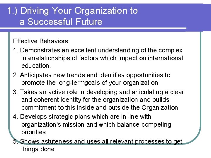 1. ) Driving Your Organization to a Successful Future Effective Behaviors: 1. Demonstrates an