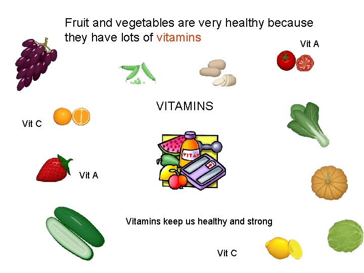 Fruit and vegetables are very healthy because they have lots of vitamins Vit A