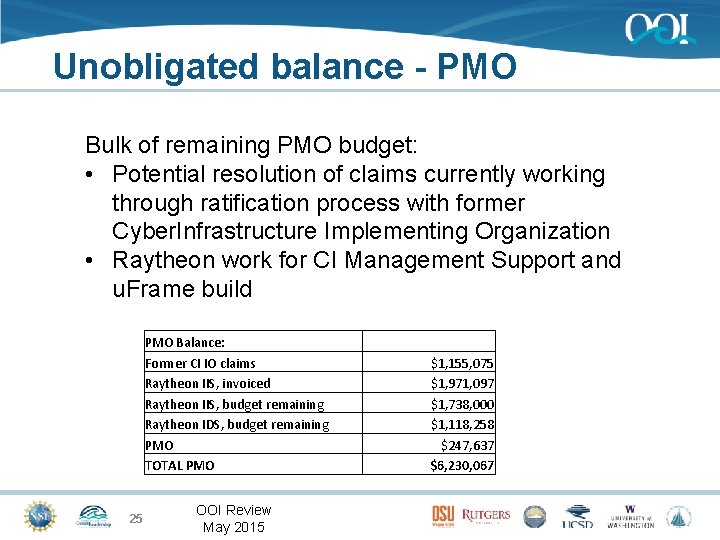 Unobligated balance - PMO Bulk of remaining PMO budget: • Potential resolution of claims
