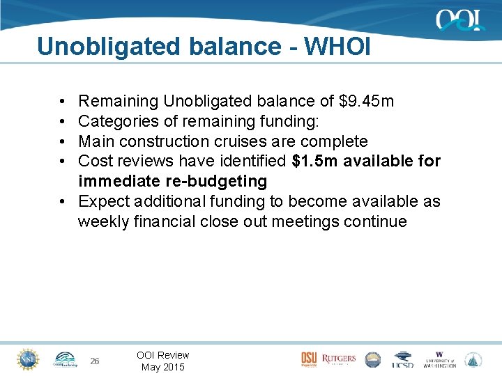 Unobligated balance - WHOI • • Remaining Unobligated balance of $9. 45 m Categories