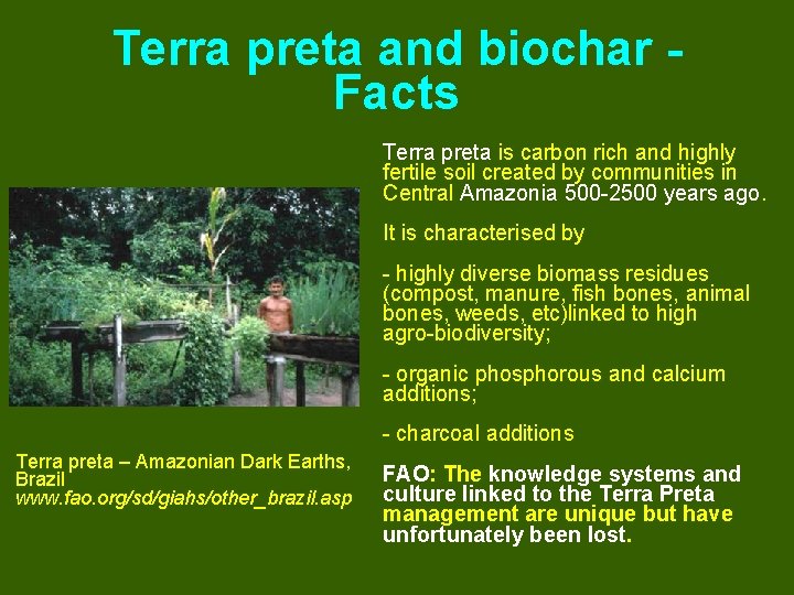 Terra preta and biochar Facts Terra preta is carbon rich and highly fertile soil