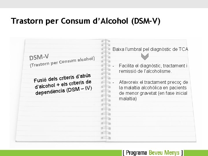 Trastorn per Consum d’Alcohol (DSM-V) Baixa l’umbral pel diagnòstic de TCA DSM-V hol) m