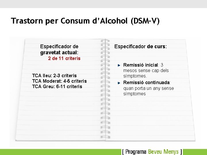 Trastorn per Consum d’Alcohol (DSM-V) Especificador de gravetat actual: Especificador de curs: 2 de