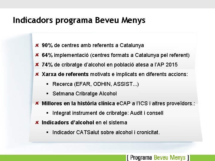 Indicadors programa Beveu Menys 90% de centres amb referents a Catalunya 64% implementació (centres