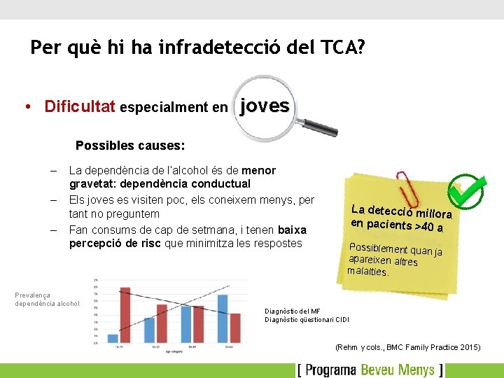 Per què hi ha infradetecció del TCA? • Dificultat especialment en joves Possibles causes: