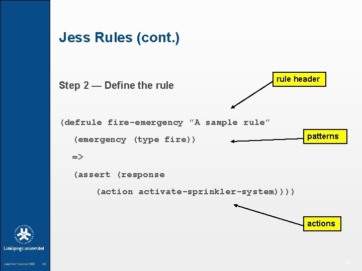 Jess Rules (cont. ) Step 2 — Define the rule header (defrule fire-emergency ”A