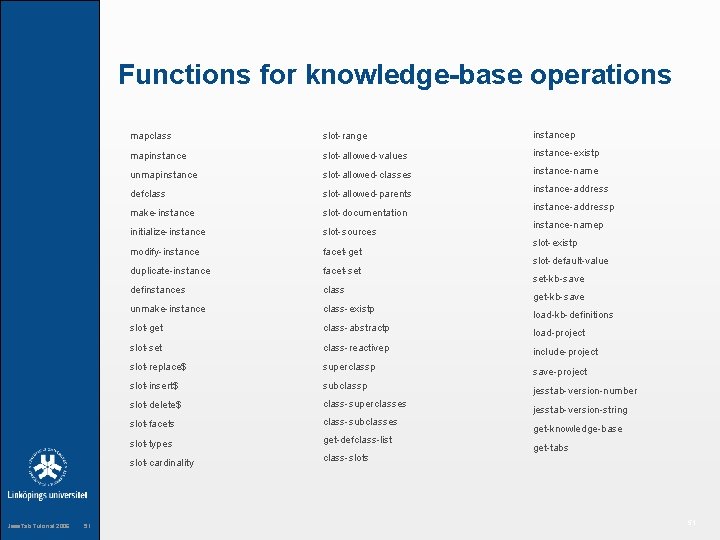 Functions for knowledge-base operations Jess. Tab Tutorial 2006 51 mapclass slot-range instancep mapinstance slot-allowed-values