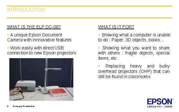 INTRODUCTION WHAT IS THE ELP DC-06? WHAT IS IT FOR? § A unique Epson